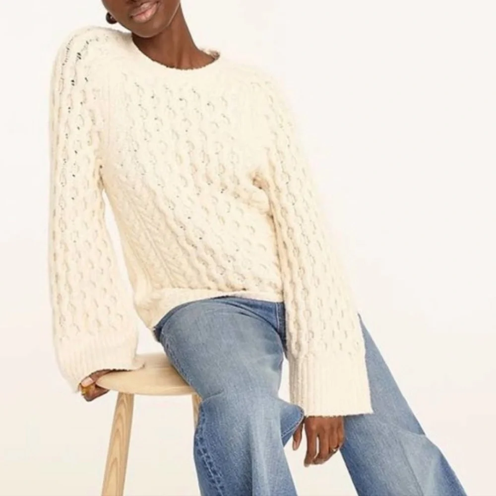 J.Crew Women's Cotton Blend Bouclé Cable Knit Crew Neck Pullover Sweater